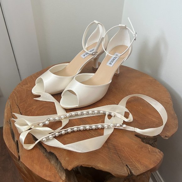 Satin Peep Toe Heels, Perfect Bridal Shoe with Ankle Strap - Picture 7 of 7